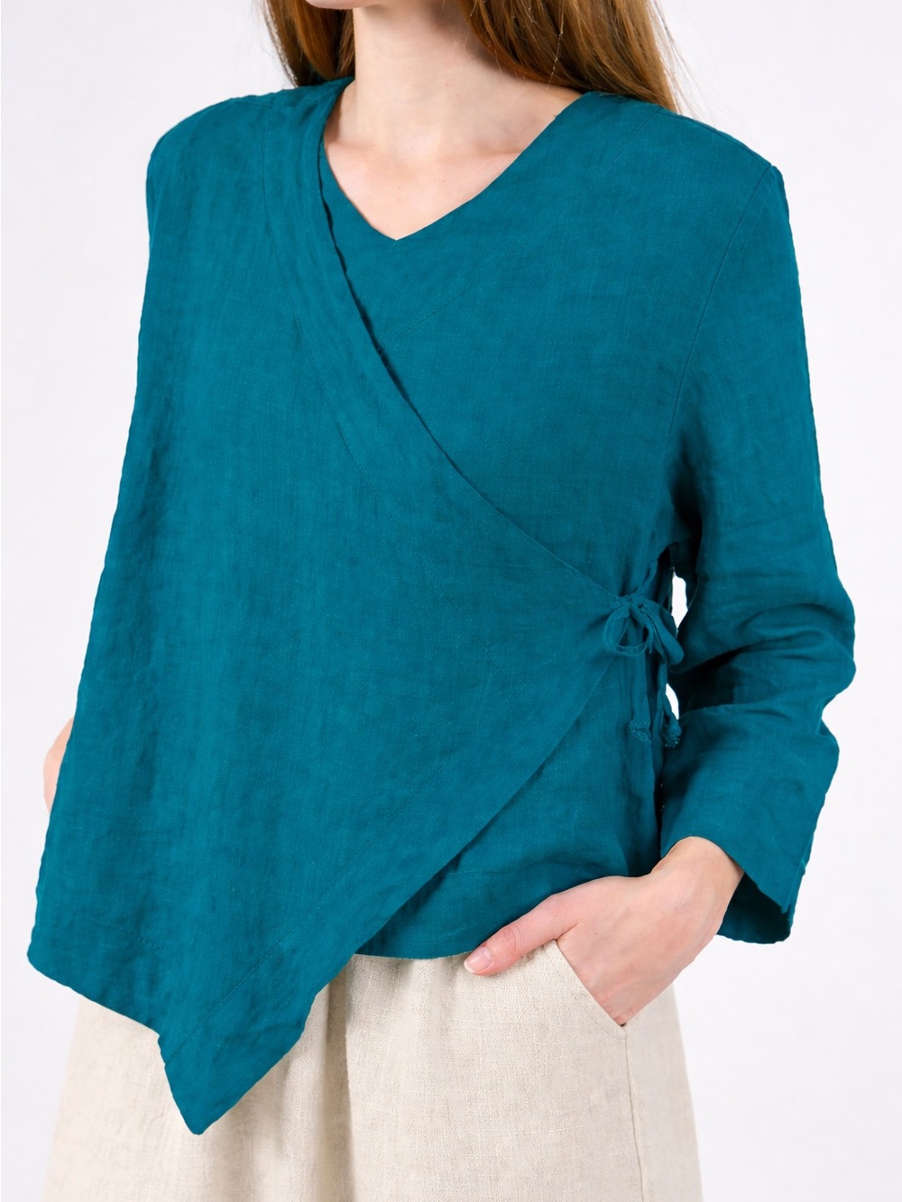 Bryn Walker 100% Linen Turquoise Wrap V Neck Top